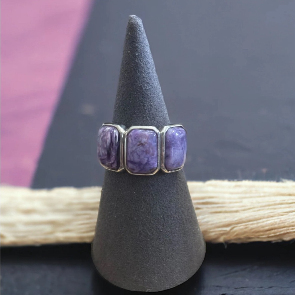 Purple Stone Three-Panel Silver Ring
